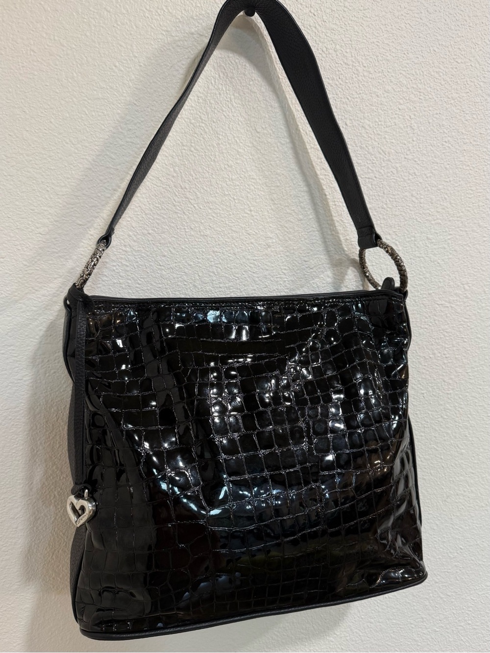 Vintage Brighton Black leather  Croc-Embossed Shoulder Bag with Heart Charm